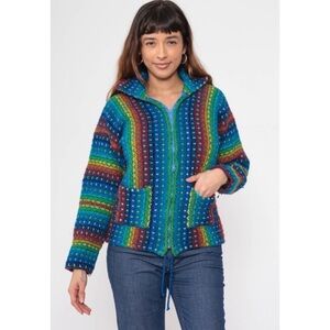 Size S/M Vintage Earth Ragz Rainbow Wool Cotton Striped Zip Up Knit Jacket
